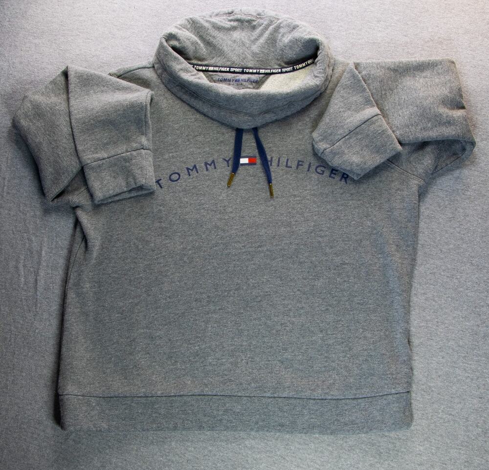 Tommy Hilfiger Sport Womans M Gray Cowl Neck Sweatshirt Logo Athleisure EUC